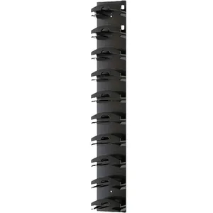Vertical wall-mounted black metal baseball cap organizer rack with 10 storage slots