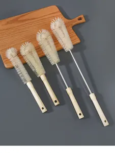 Juego de cuatro cepillos duraderos para botellas de mango largo de madera para cocina limpia