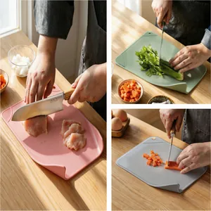 3-piece PP cutting board set with curved edges for easy pouring, pink, green, gray