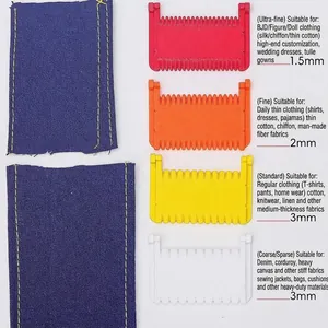 Detailed view of plastic sewing seam guides in various sizes for different fabrics.