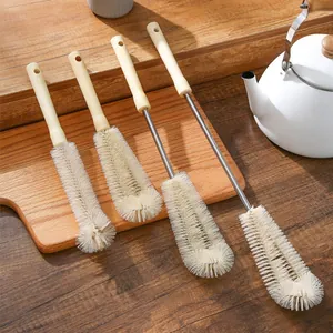 Juego de 4 cepillos de limpieza con mango largo de madera para botellas de cocina.