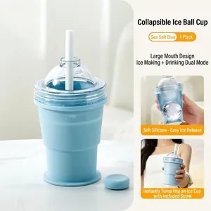 Detail showing the foldable silicone ice ball cup with straw and ice making mode