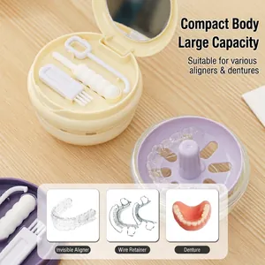Portable Spring-Elevating ABS Denture Storage Box with Layered Design Built-in Mirror and Cleaning Tools for Braces Dentures