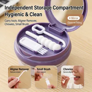Portable orthodontic retainer box with mirror and cleaning tools for dentures