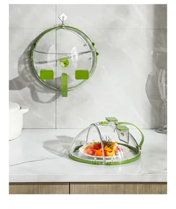 Durable transparent microwave food splatter cover shown over a plate and hung on a kitchen wall