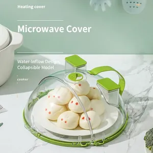 Transparent microwave food heating cover with green handle and water injection box