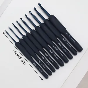 Detailed view of 10pcs soft grip crochet hook set with size markers and measurements