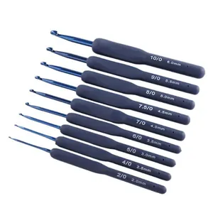 Detailed view of 9-piece crochet hook set featuring ergonomic soft blue TPR handles