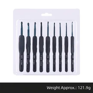 Detailed view of 9-piece soft handle crochet hook set with sizes and packaging dimensions.