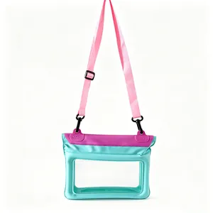 Pochette étanche pour téléphone avec bandoulière rose et bordure vert menthe, tactile