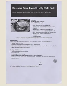 Detail view of the instruction manual for a microwave bacon tray with cooking tips
