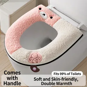 Cute Bear Embroidered Toilet Seat Cover Waterproof PU Bottom Coral Fleece Warm Winter Toilet Mat With Handle Universal