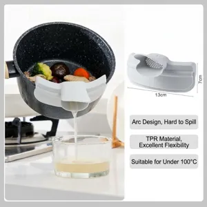 Vista detallada de un colador de silicona gris para ollas con dimensiones y resistencia.