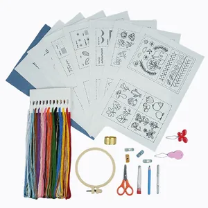 Comprehensive DIY embroidery kit including patterns, colorful threads, hoop, and tools