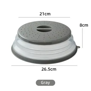 Grey foldable silicone microwave cover and splatter guard with precise dimensions marked