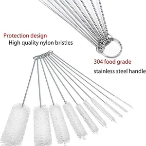 Detail of 10-piece stainless steel straw brush set with high-quality nylon bristles.