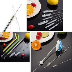Detailed view of various sizes of stainless steel straw cleaning brushes with nylon bristles