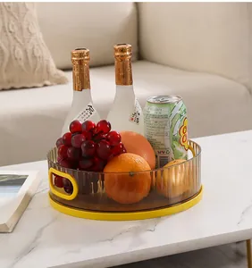 Macro detail of the tea-colored 360-degree rotating storage tray for home organizing.