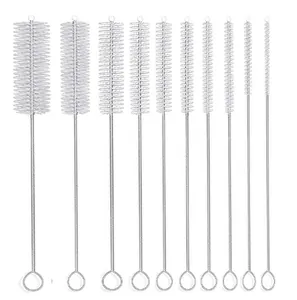 Set of 10 different sized stainless steel straw cleaning brushes with ring ends