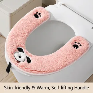 Copriwater a Forma di U in Peluche con Ricamo di Cucciolo Caldo Invernale Cuscino per Bagno Lavabile con Maniglia Decorazione
