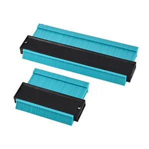 Close-up view showing precision measurement scales on teal and black contour gauges