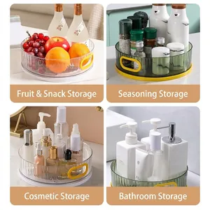Multi-functional rotating storage organizer for kitchen, vanity, and bathroom.