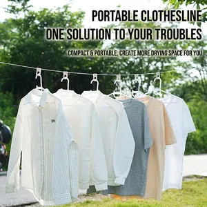 Portable retractable outdoor travel clothesline set with windproof clips and metal hooks