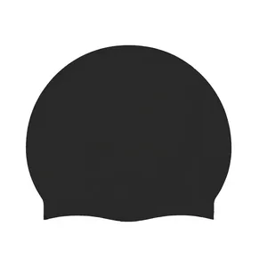 Close-up view of a professional solid black high-elastic silicone swim cap for adult swimmers