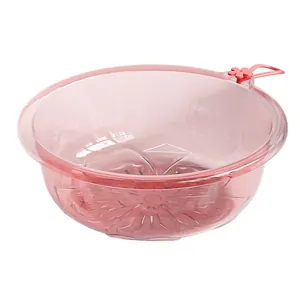 Transparent pink cherry blossom plastic washbasin with hanging loop for home and dorm use.