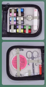 Detail view of portable sewing kit showing colorful threads and needles in zipper case