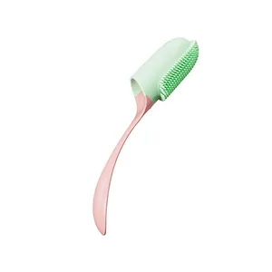 Long-handled pet finger toothbrush with soft silicone bristles, pink and green design.