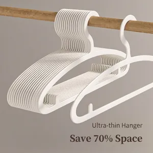 Detailed close-up showing the ultra-thin design of white non-slip clothes hangers.