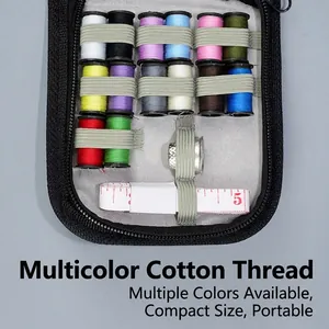 Compact sewing kit with colorful cotton threads, thimble and flexible tape measure.