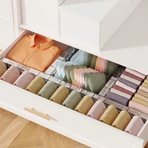 Adjustable plastic drawer dividers for organized clothing and accessory storage in home