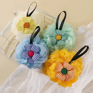 Sunflower Shape Bath Loofah Soft Rayon Mesh Shower Ball with Hanging Rope Gingham Pattern Bath Sponge for Home Bathroom