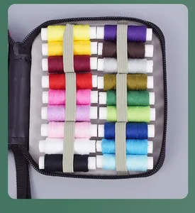 Vista dettagliata di fili per cucire multicolori organizzati in un compatto kit da viaggio.