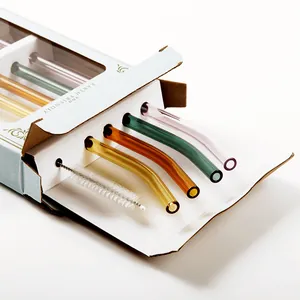 Lot de pailles en verre colorées et courbées avec brosse de nettoyage pratique