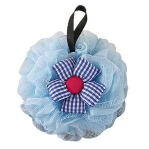 Ultra soft mesh bath loofah sponge with a decorative blue gingham sunflower design