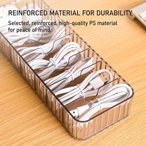 Transparent 8-compartment plastic desk storage box for USB cable and charger management