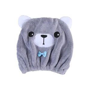 Absorbent microfiber hair drying cap with cute cartoon bear design for kids and adults