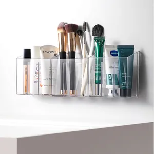Wall-mounted clear acrylic makeup organizer with 3 separate storage compartments
