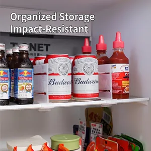 Divisores de estantes de refrigerador blancos ajustables para organizar botellas y latas