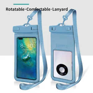 Dettaglio fronte e retro della custodia impermeabile galleggiante per telefono blu con laccetto