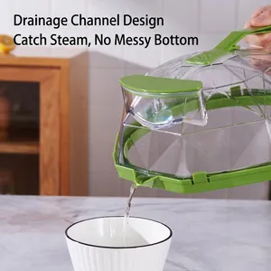 Diamond pattern microwave splatter cover with ergonomic green handle and drainage channel