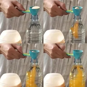 Guía visual del uso de una cuchara embudo para verter suplementos en polvo en botellas.