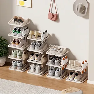 Multi-tier modular shoe rack storage unit in off-white minimalist home setting for entryway