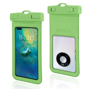 Green floating waterproof phone bag with touch screen support for swimming and diving