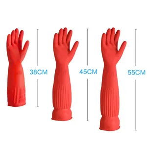 Gants de ménage en caoutchouc rouge robustes disponibles en longueurs de 38 cm, 45 cm et 55 cm.