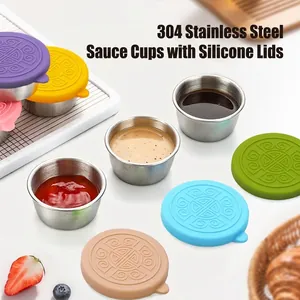 Set of 304 stainless steel condiment sauce cups with colorful airtight silicone lids