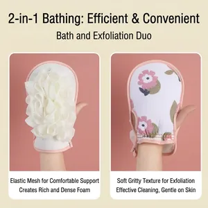 Dual-sided bath glove with exfoliating floral texture and rich foaming lather mesh